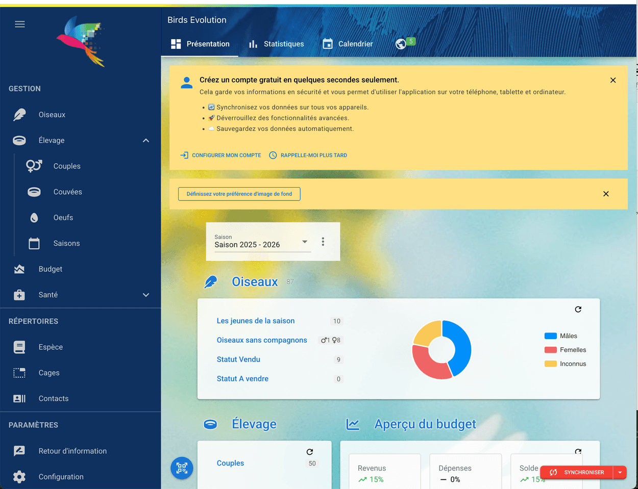 Tableau de bord Birds Evolution